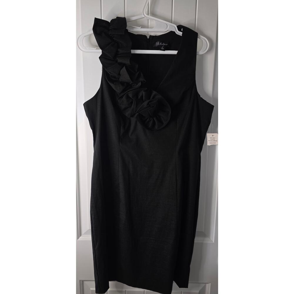 S.L. Fashions Dress Black Ruffle Shoulder High Quality Crepe Beautiful NWT